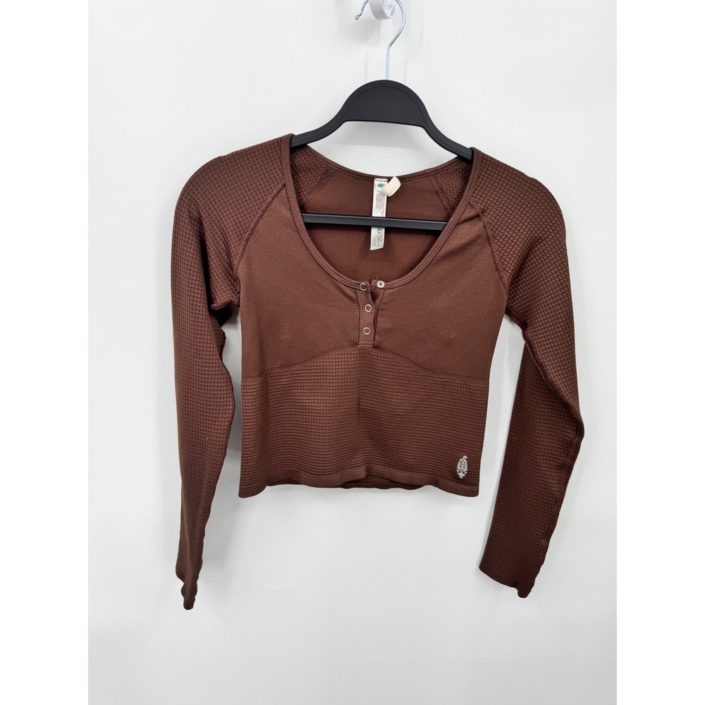 FP Movement Henley Long Sleeve Women M/L Brown Open Back Seamless Crop Top - Picture 7 of 7